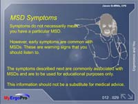 Training screen explaining early signs of musculoskeletal symptoms.